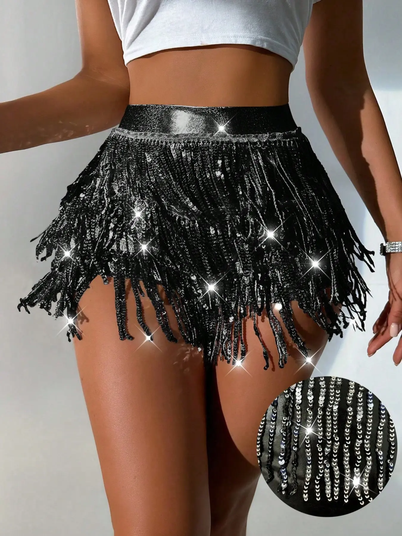 2026 New Carnival Party Sexy Multi-Layer Fringe Sequin Laser High Elastic Synthetic Leather Tight Short Pants, Perfect for Various Events