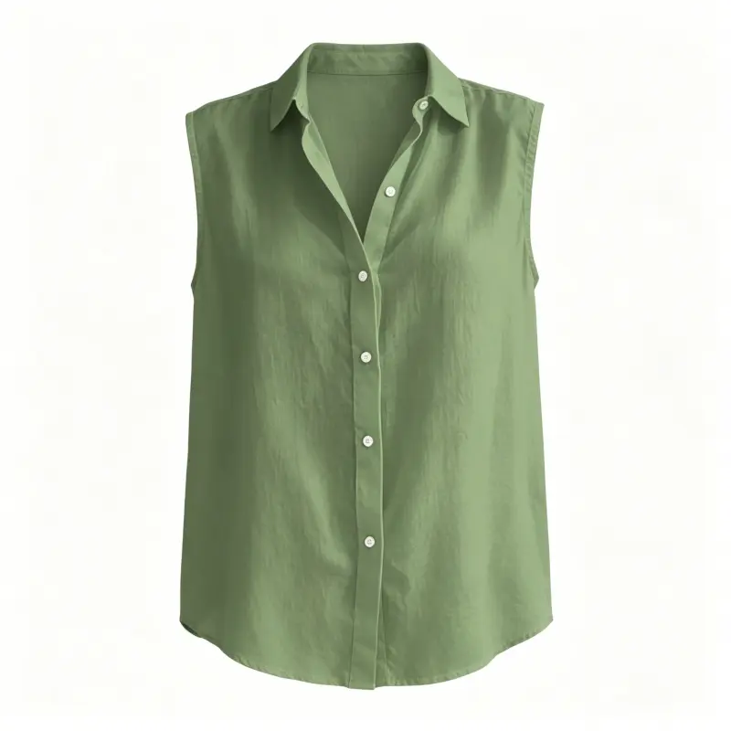 Women's Chic Sleeveless Blouse, Solid V-Neck Lapel Collar Button Down Top, Classic Relaxed Fit Trendy Shirt for Summer Vacation, Trendy Blouses, Women's Tops And Blouses