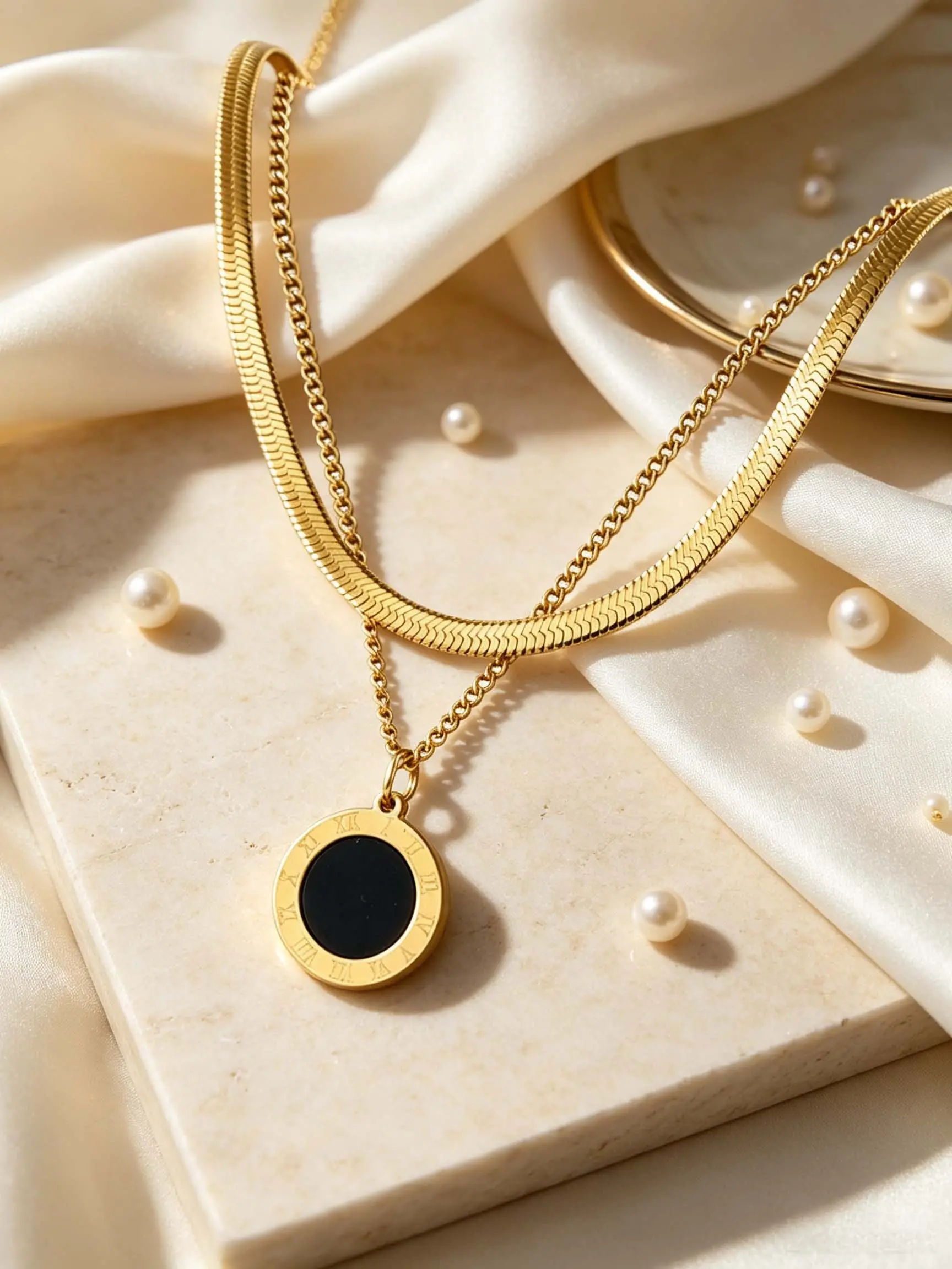 1 piece, elegant and simple double layered Roman numeral circular black pendant chain necklace, exquisite jewelry, made of 304 stainless steel material, suitable for daily wear and parties, the best gift for friends, birthday gift, durable necklace