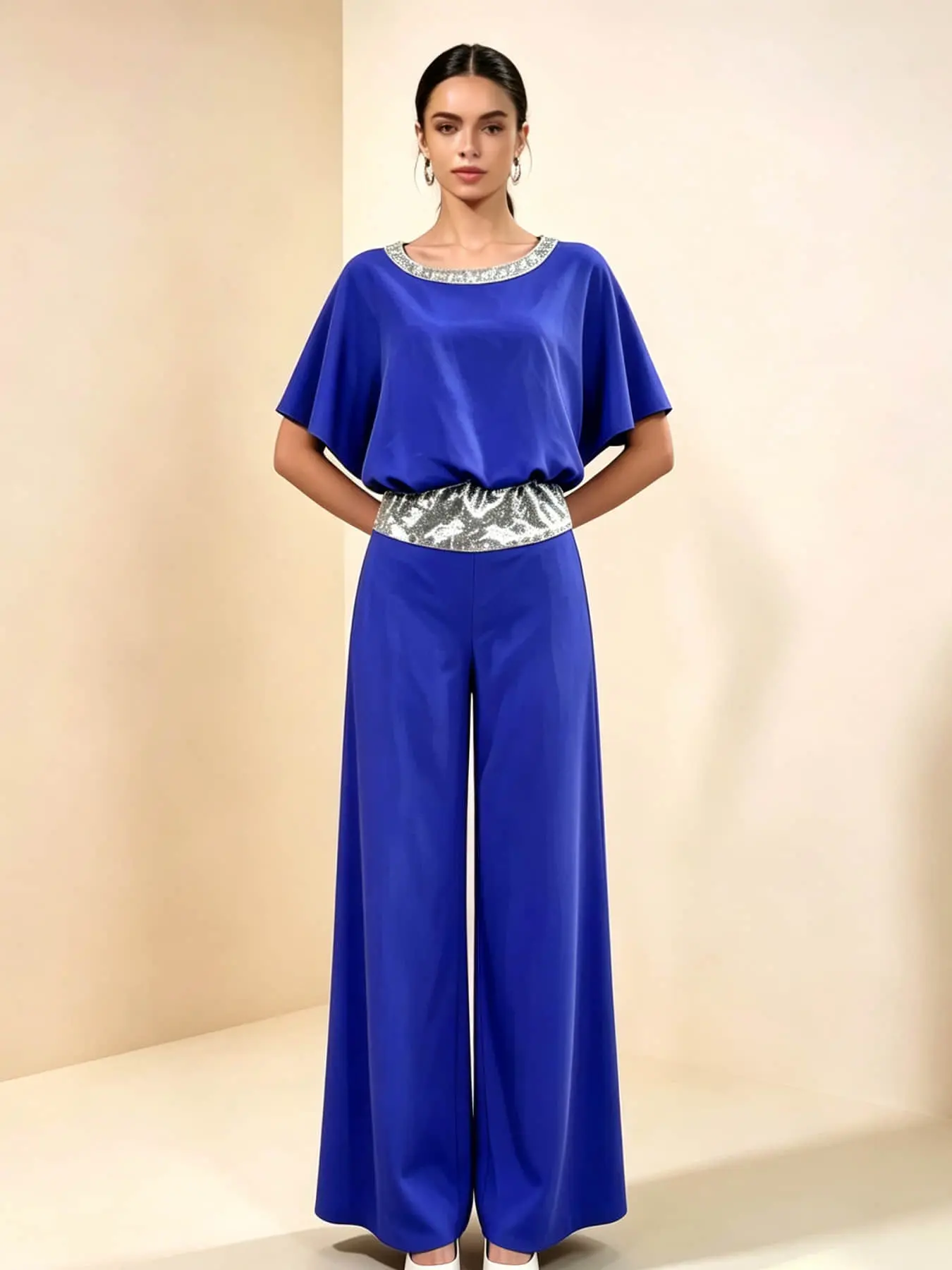 Two-Piece Women's Fashion Clothes Light Luxury Sequin Belted Set: Round Neck Silver Sequin Waistband Loose Hiding Body Long Wide Leg Pants Set, Suitable for Summer, Perfect for Evening Parties, Office Commutes, Vacation Trips, and Wedding Guests