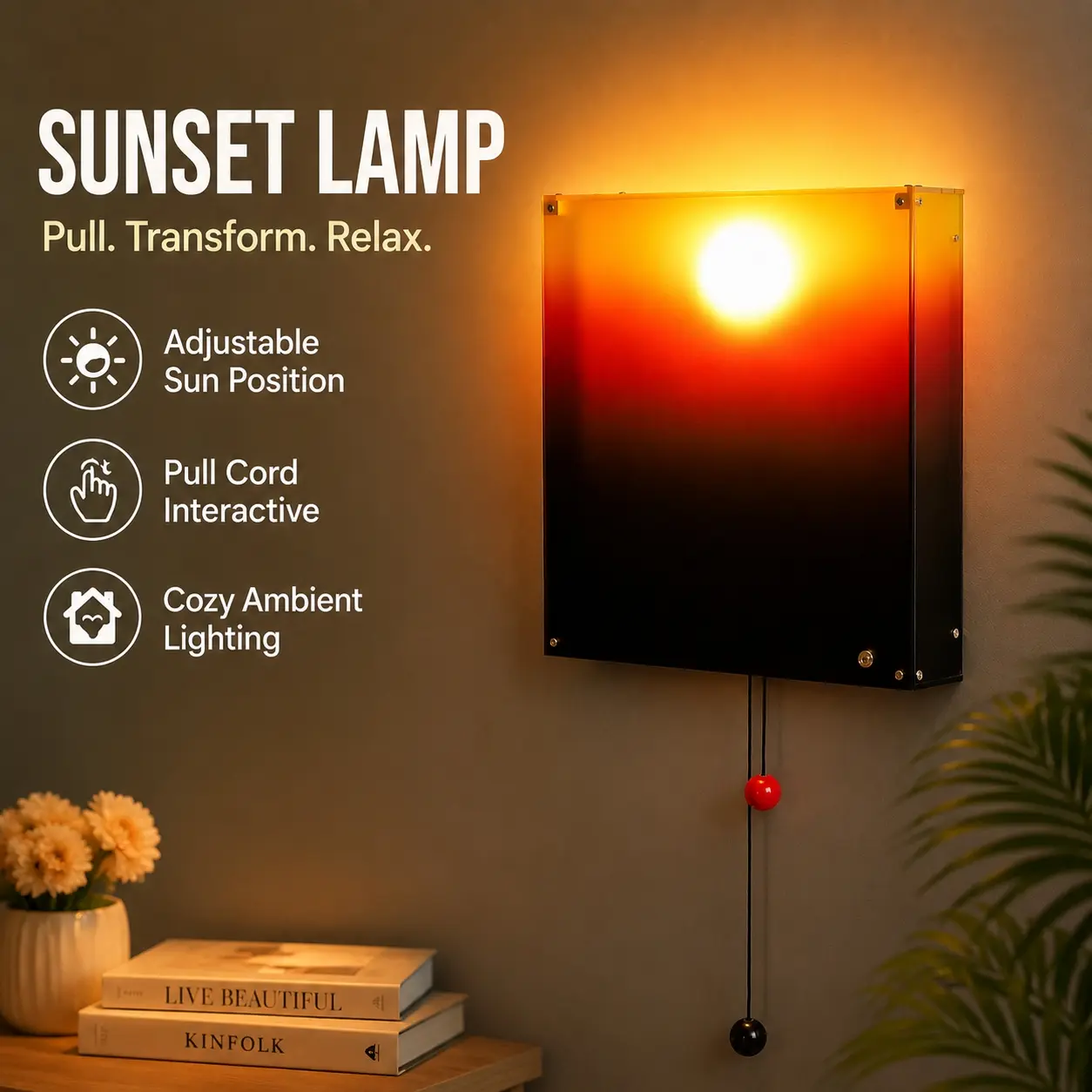 V1PC Viral Sunrise Sunset Wall Lamp, Pull-to-Transform Dynamic Mood Light, Adjustable Sun Position Ambient Lamp, Home Decor Light, Aesthetic Room Decor for Bedroom & Living Room, Unique Gift Idea