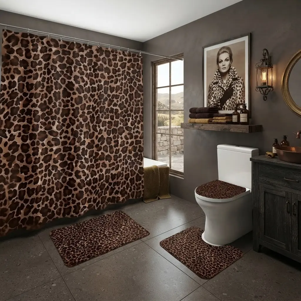 4pcs Classic Brown Leopard Print Full Pattern Shower Curtain Bathroom Decor Set, Retro Wild Animal Texture Restroom Ornament,The floor mat fabric is thicker and softer!  Halloween Bold Fashion Style Household Washroom Decoration
