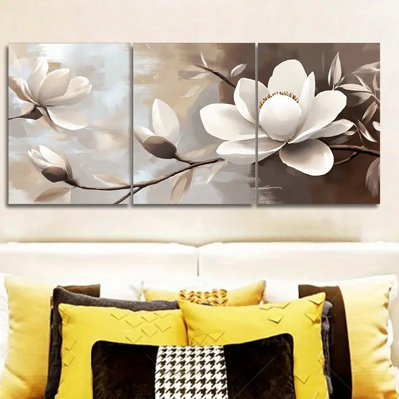 Posters And Prints, 3-Piece Elegant Magnolia Decorative Canvas Wall Art Set, White And Beige Floral Design Paired With Wooden Frame, Suitable For Home, Living Room, And Office Decoration |   Elegant Wall Decoration |   Floral Patterns, Wall Art Decoration