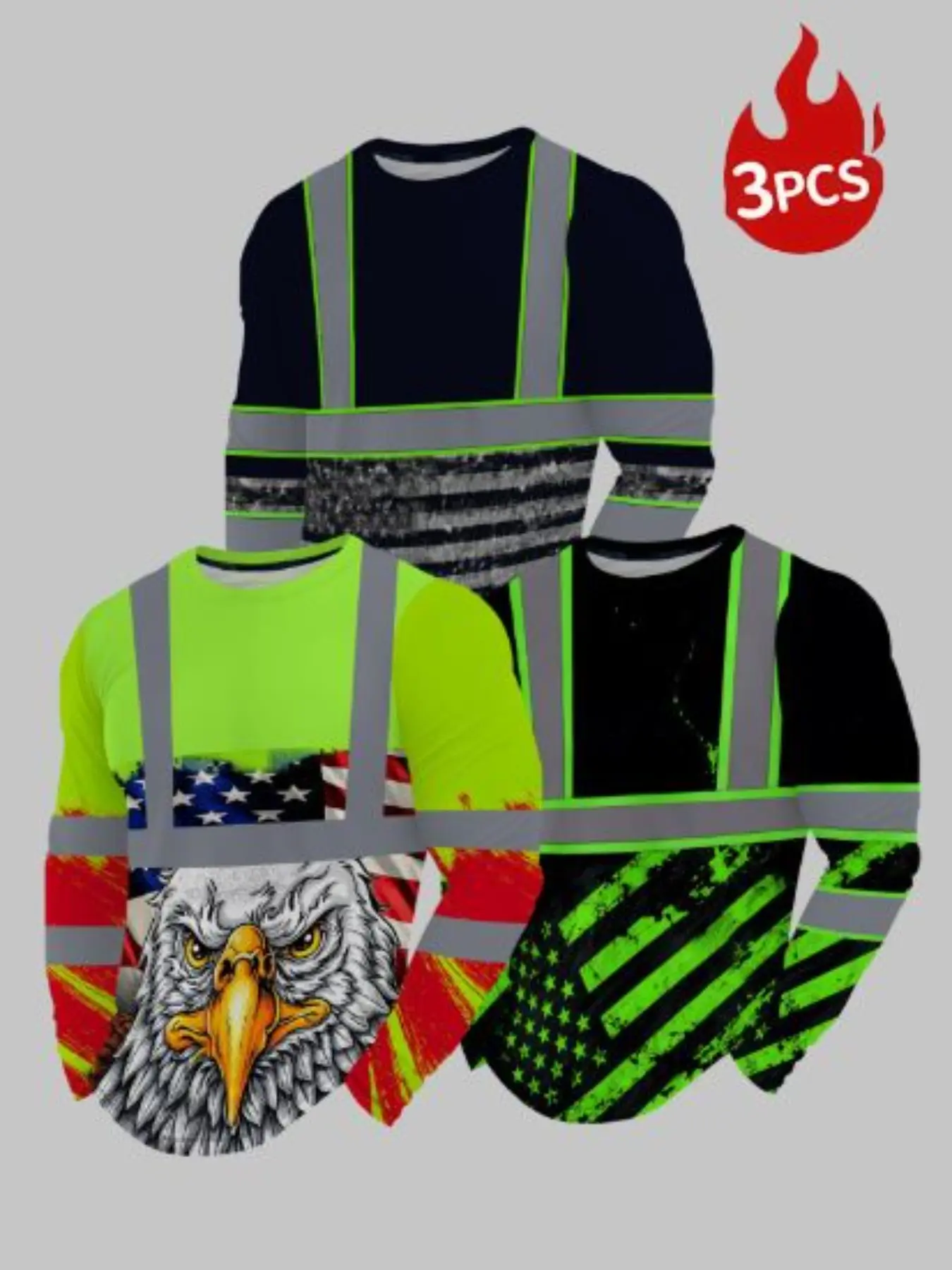 Men's Printed Round Neck Long Sleeve Three-Piece Set, American Flag Eagle Pattern, Fashion Casual Long Sleeve Top, Spring & Fall