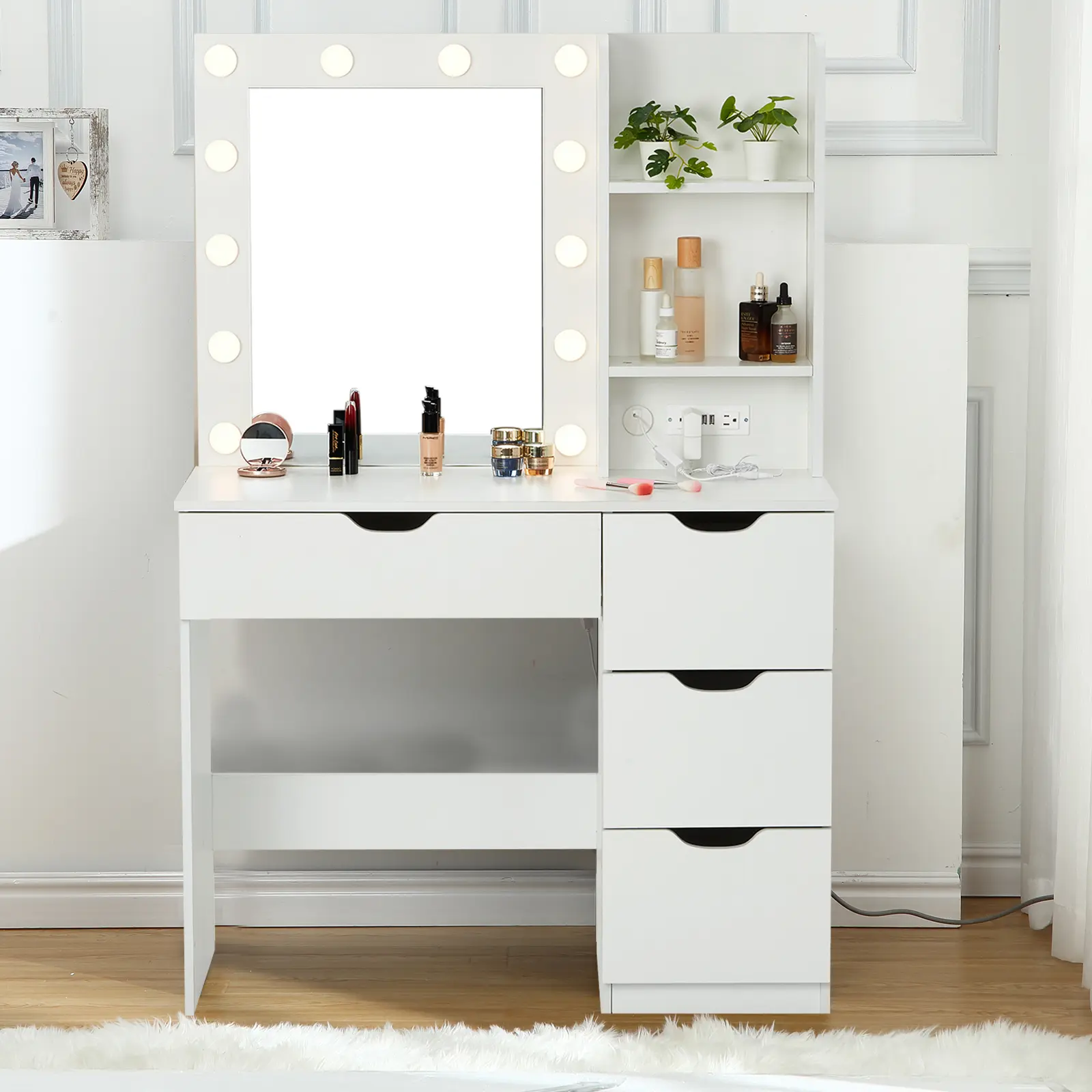 Small Vanity Desk,35.4" W x15.2 D x55.1H,Vanities with HD Mirror and 3 Adjustable 12 LED Light,Girls Vanity with Power Outlet,4 Drawers,3 Open Shelves,for Bedroom,Dressing Room