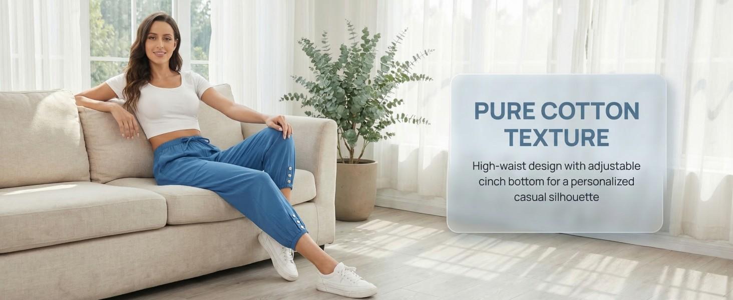 Women's Capri Pants High Waist Drawstring Cinch Bottom with Button Cotton Loose Casual Trouser with Pockets summer outfits