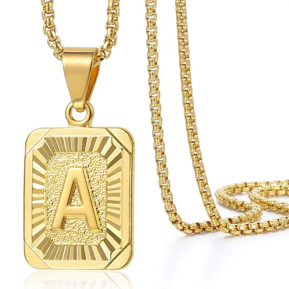 14K Gold Plated Initial A-Z Pendant Necklace Mens Womens Capital Letter Square Monogram Pendant Necklace Trendy Box Chain 24inch, Name Initial Necklaces Birthdays, Holiday Gift