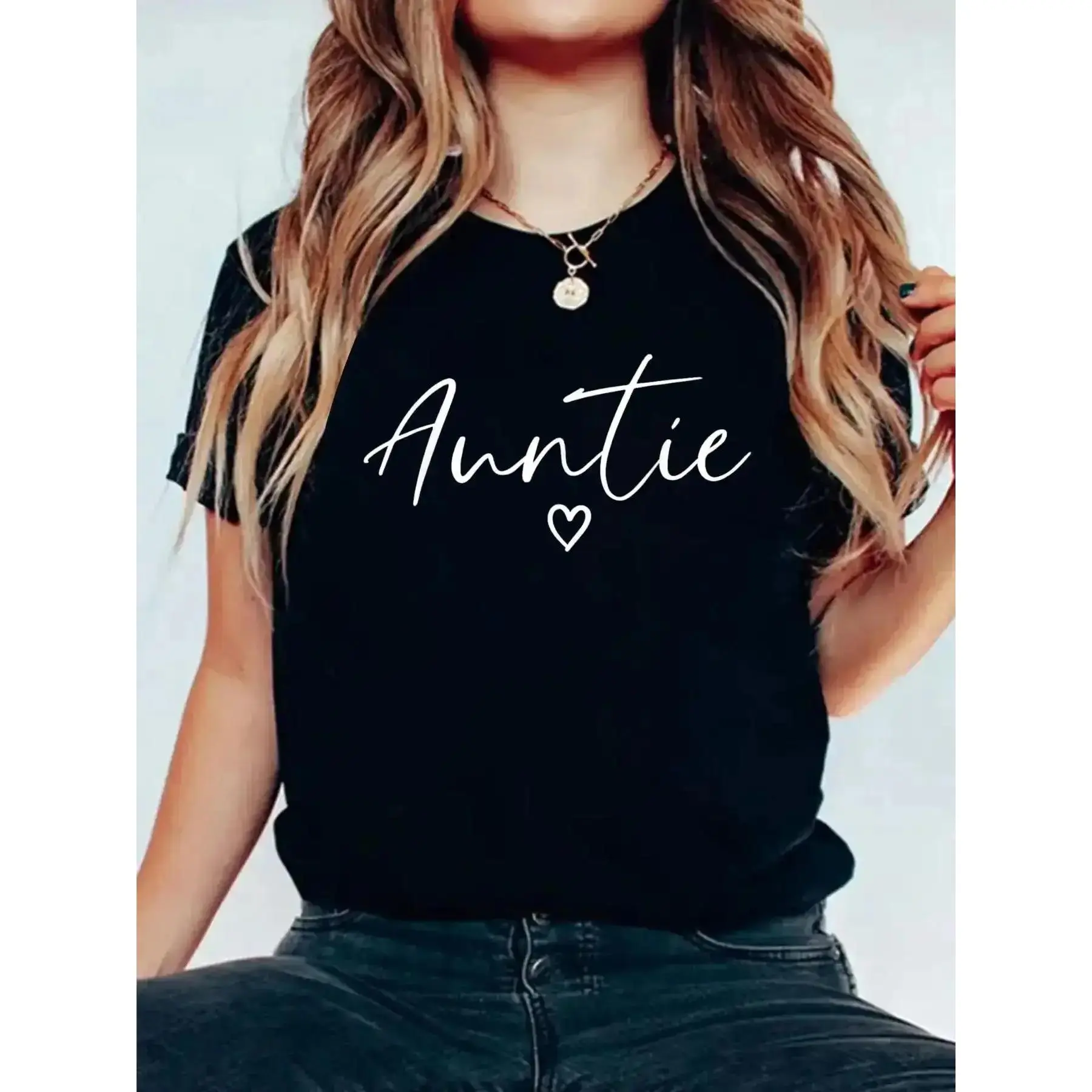 Auntie Gifts For Women Heart Mother's Day Auntie T-Shirt Casual Printed Women T Shirt, Summer Tshirts Short Sleeve Graphic Tee Women Tops