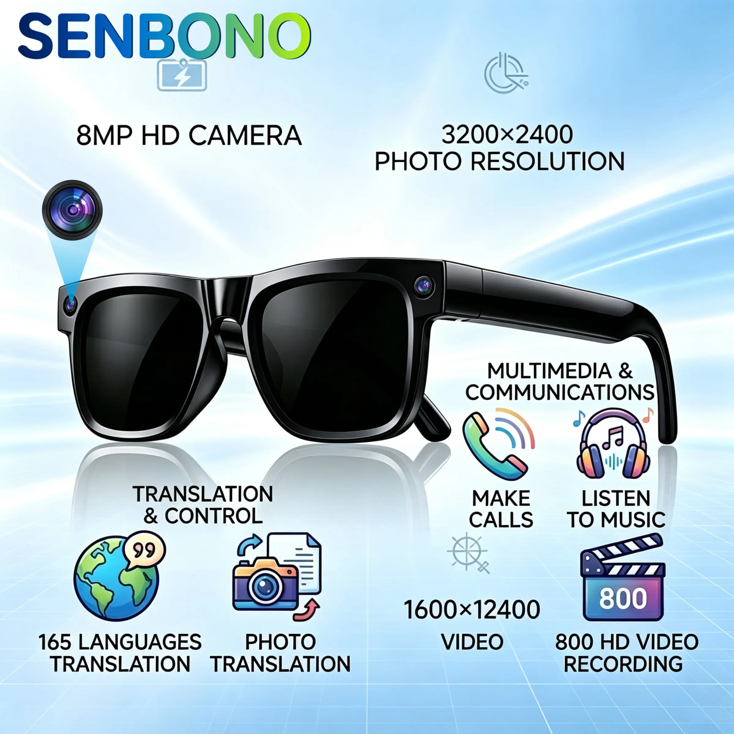 SENBONO 8MP smart glasses, equipped with ChatGPT AI function, high-definition photo and video recording, 165 language translation, photo translation, recording, voice assistant, wireless calling, music listening, sunglasses, neutral ideal gift