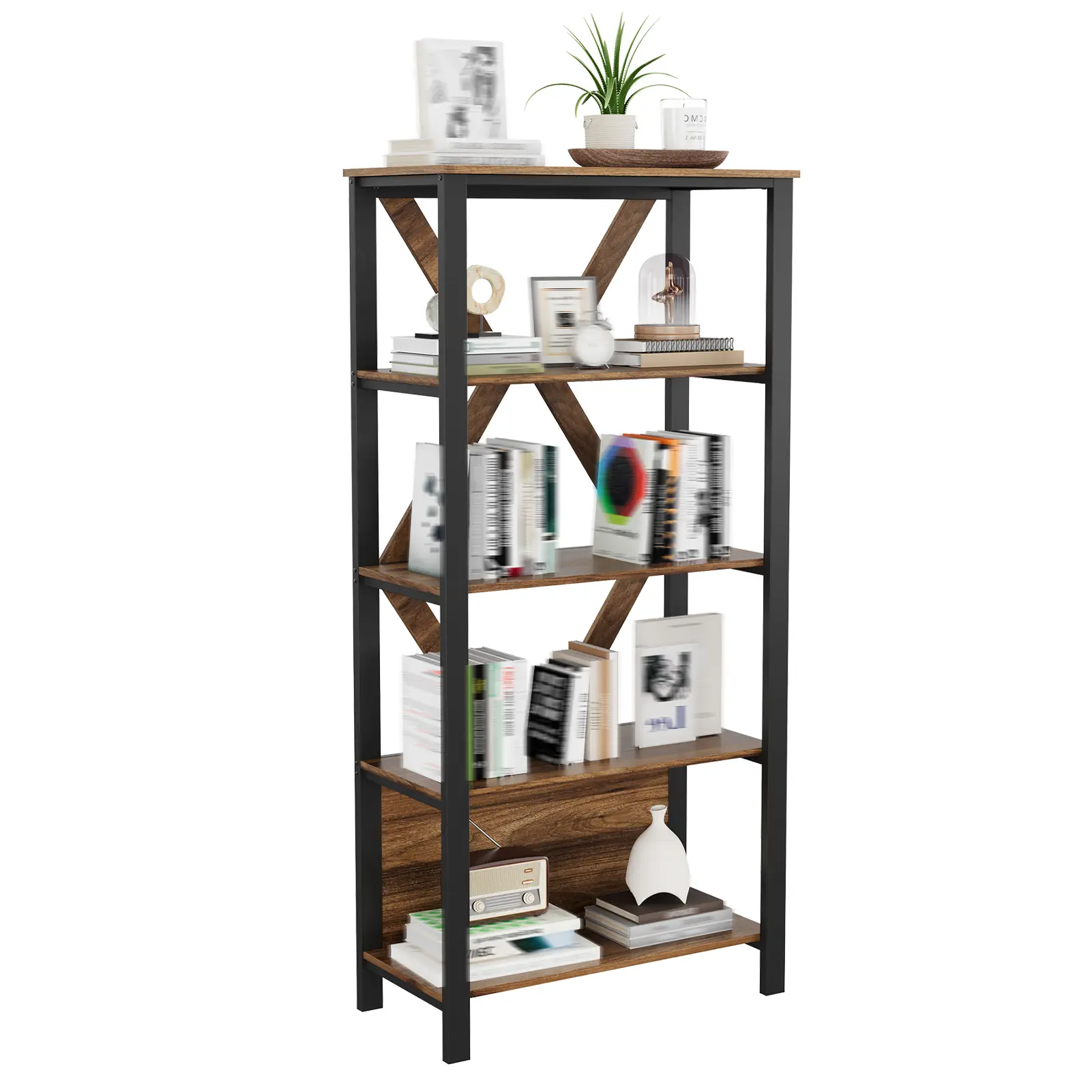 Industrial Bookshelf with Dimmable RGB LED Lights – 5-Tier Freestanding Metal & Wood Bookcase, Open Shelves Storage Organizer for Home Office, Bedroom, Living Room