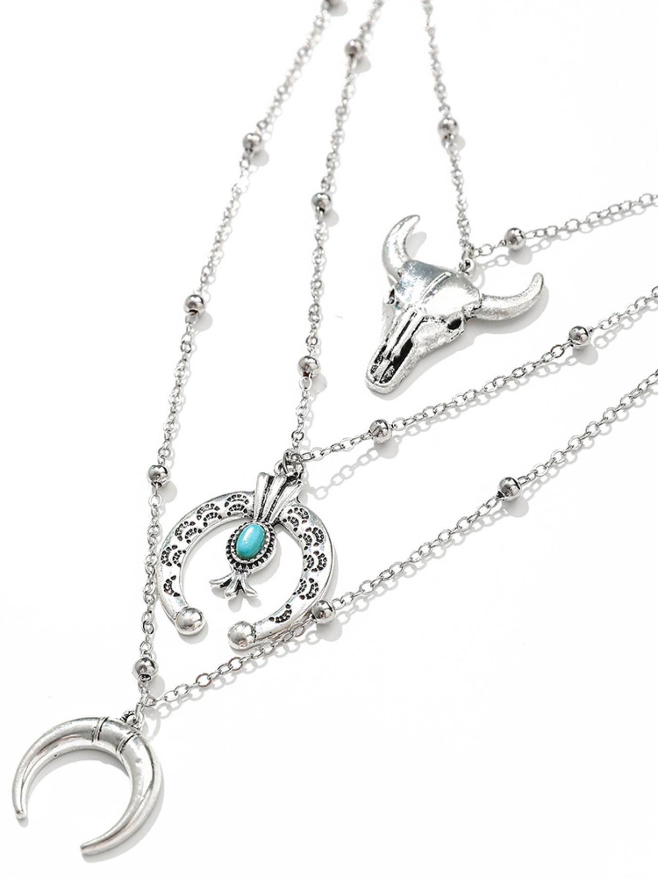 Western Cowboy Necklace Set, Vintage Style Necklace, Boho Style Necklace with Bull Head & Horseshoe & Flower & Cactus Pendant, Fashion Jewelry Accessories for Women & Men