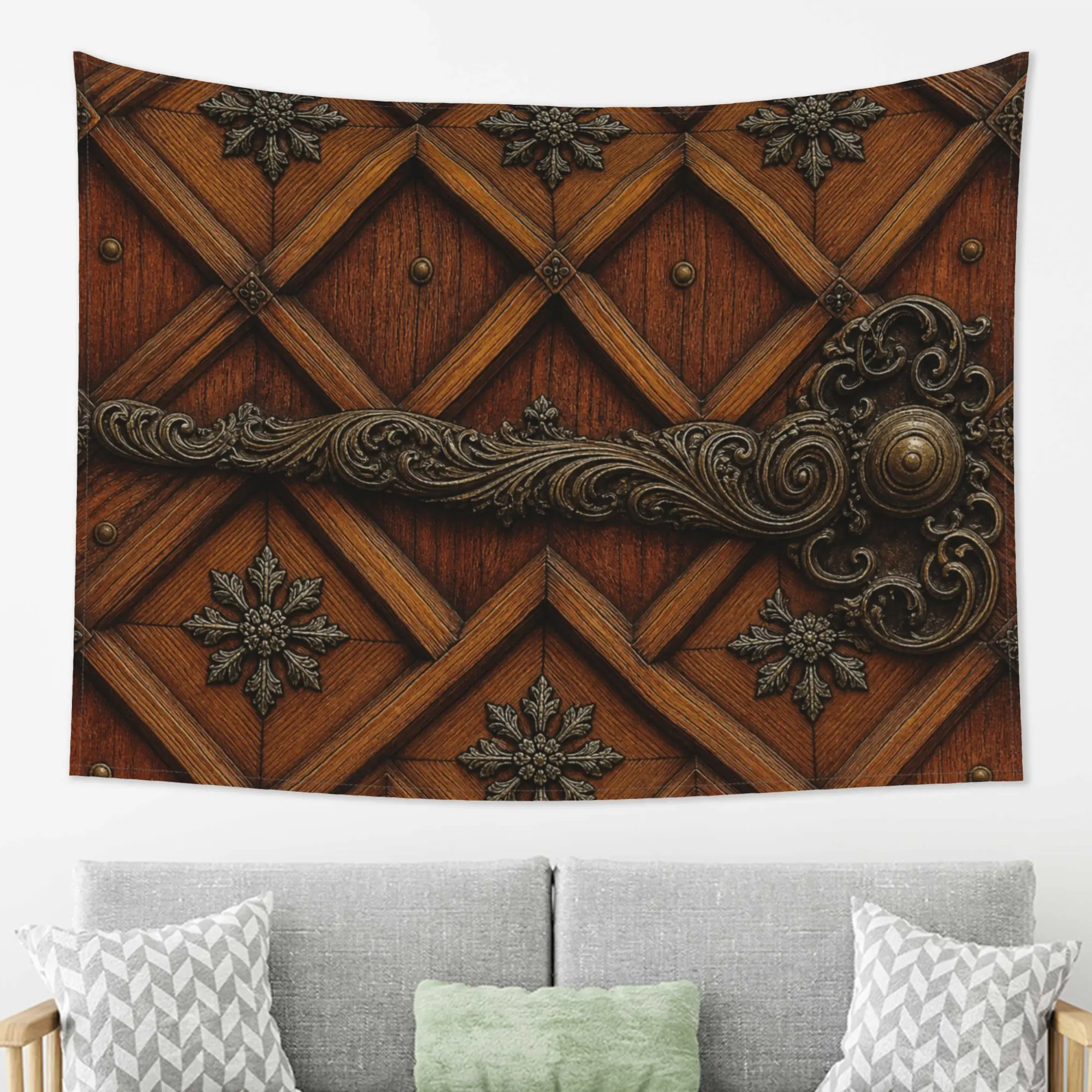 Vintage Medieval Wooden Door Tapestry Wall Hanging, Retro Antique Castle Door with Ornate Metal Lock Pattern, Rustic Wood Plank Wall Art Decor for Living Room Bedroom Dorm, Large Fabric Background Cloth,Hippie,UV