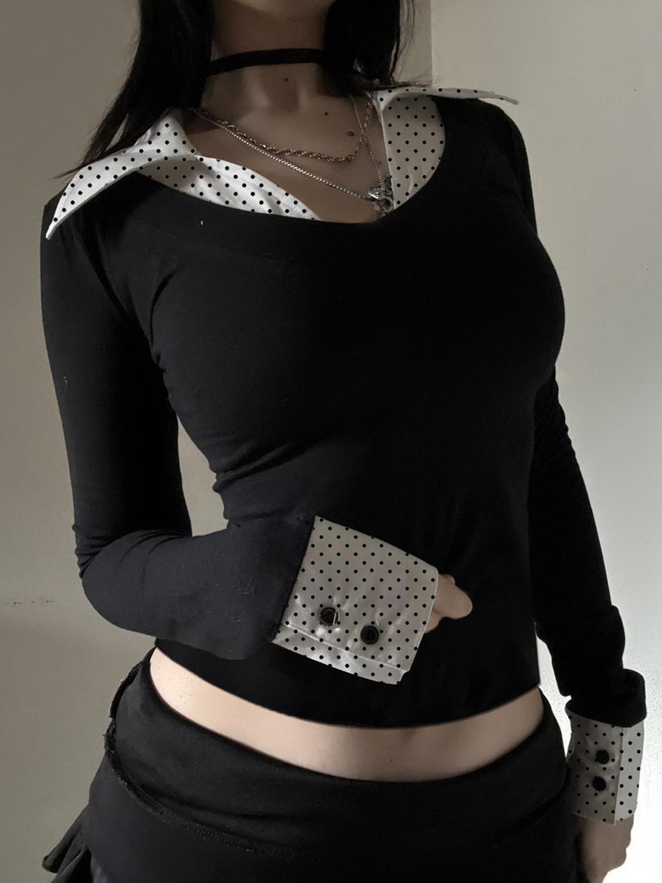 Women's Polka Dot Colorblock Slim-Fit Long Sleeve Top, Spring & Fall Casual Wear, Basic Commuter Style, Moderate Fabric Thickness