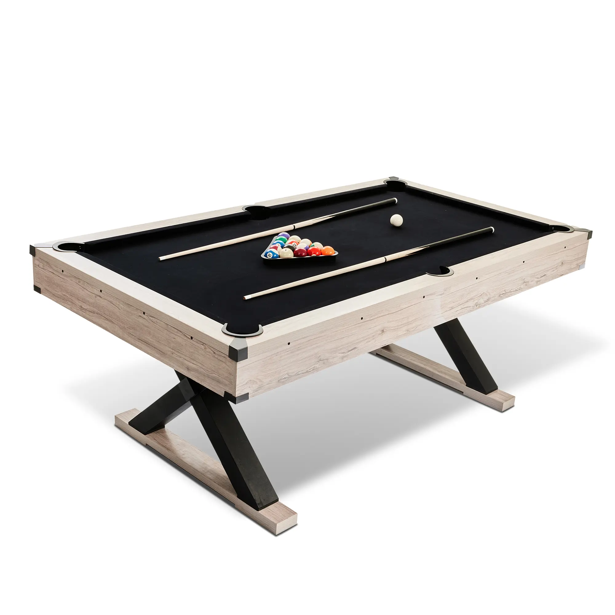 7ft Wood Pool Table – Rustic Sturdy Design, X-Shaped Legs, Black Cloth – Complete Accessories – Indoor Billiard Table for Game Room, Family Fun