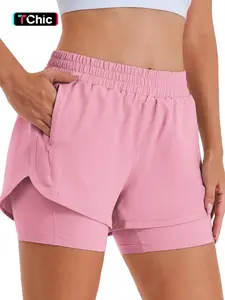 Women's Two-In-One Casual Gym Shorts, High Waist Running Shorts, Gym Workout Shorts with Lining and Zipper Pockets