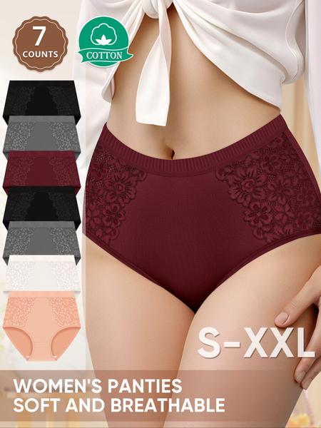 7 Pack Cotton Women's High Waist Briefs with Lace Trim, Soft Breathable Shaping Underwear for All Seasons, Comfortable Fitted Women's Panties