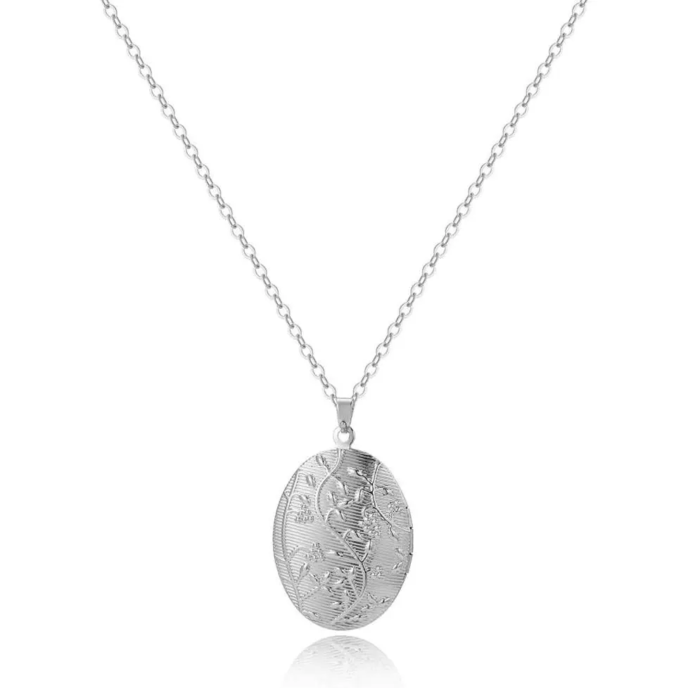 Engraved Flower Empaistic Photo Locket Hold Picture Oval Round Pendant Necklace Antique Carved  Souvenir Memorial Clavicle  for Women
