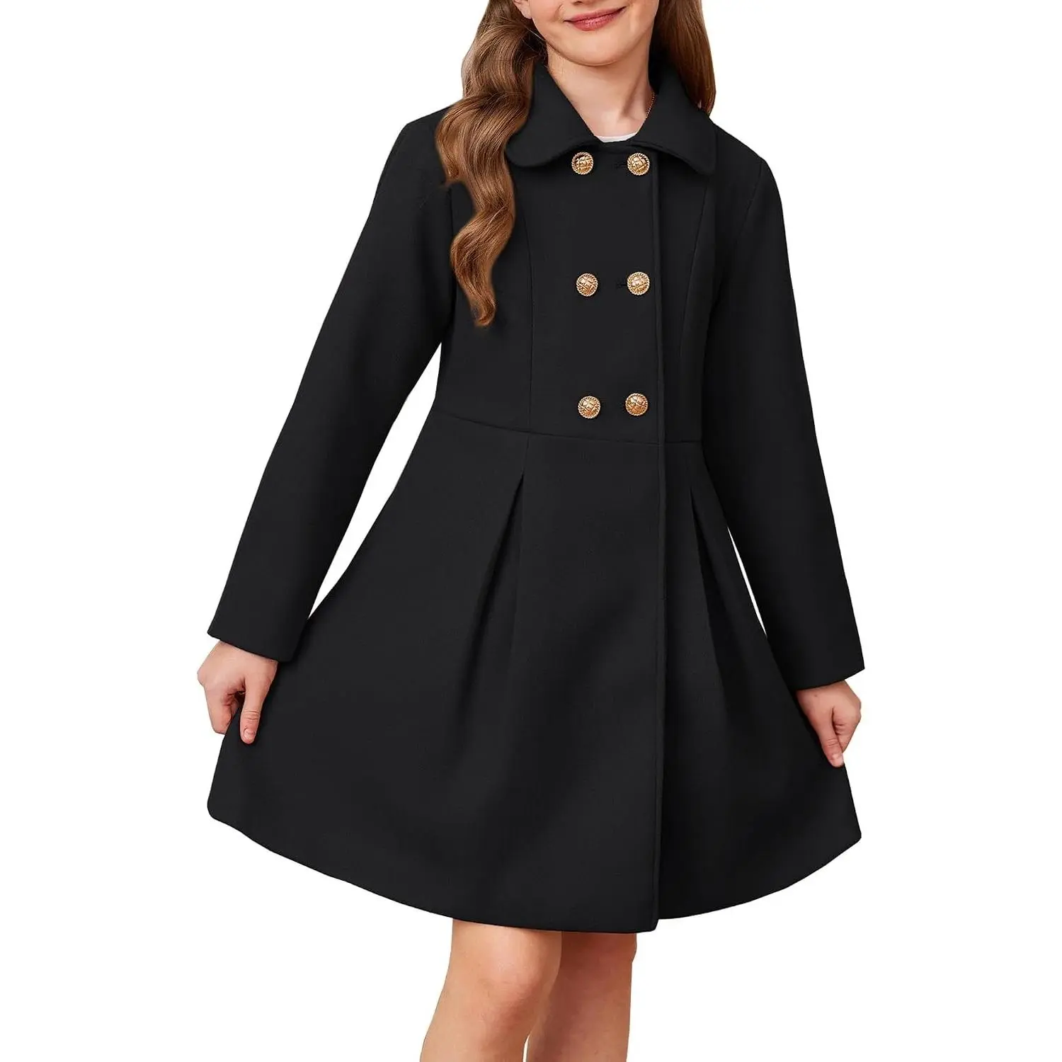 Girls Dress Coat Wool Peacoat with Lapel Pockets Winter Warm Long Jacket for Kids Size 6-14