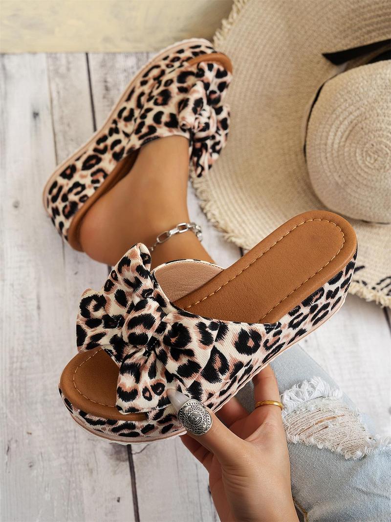 Women's Cute Bowknot Leopard Print Wedge Sandals, Casual Fashion Slip-On Wedges, Summer Trendy Shoes, Beach Daily Wear, Bow Decor Sandals