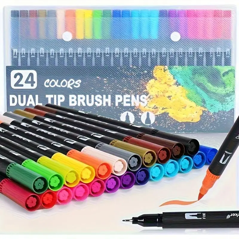 24pcs Dual Tip Watercolor Brushes, Vibrant Colors, Durable Plastic Body, Ideal for Painting, Sketching, Calligraphy, Art Design, Christmas Gift