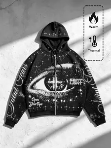 Men's Vintage Starry Night Cross Print Hoodie, Long Sleeve Loose Fit, Warm Fleece Lining, Y2K Street Style, Fall & Winter Fashion