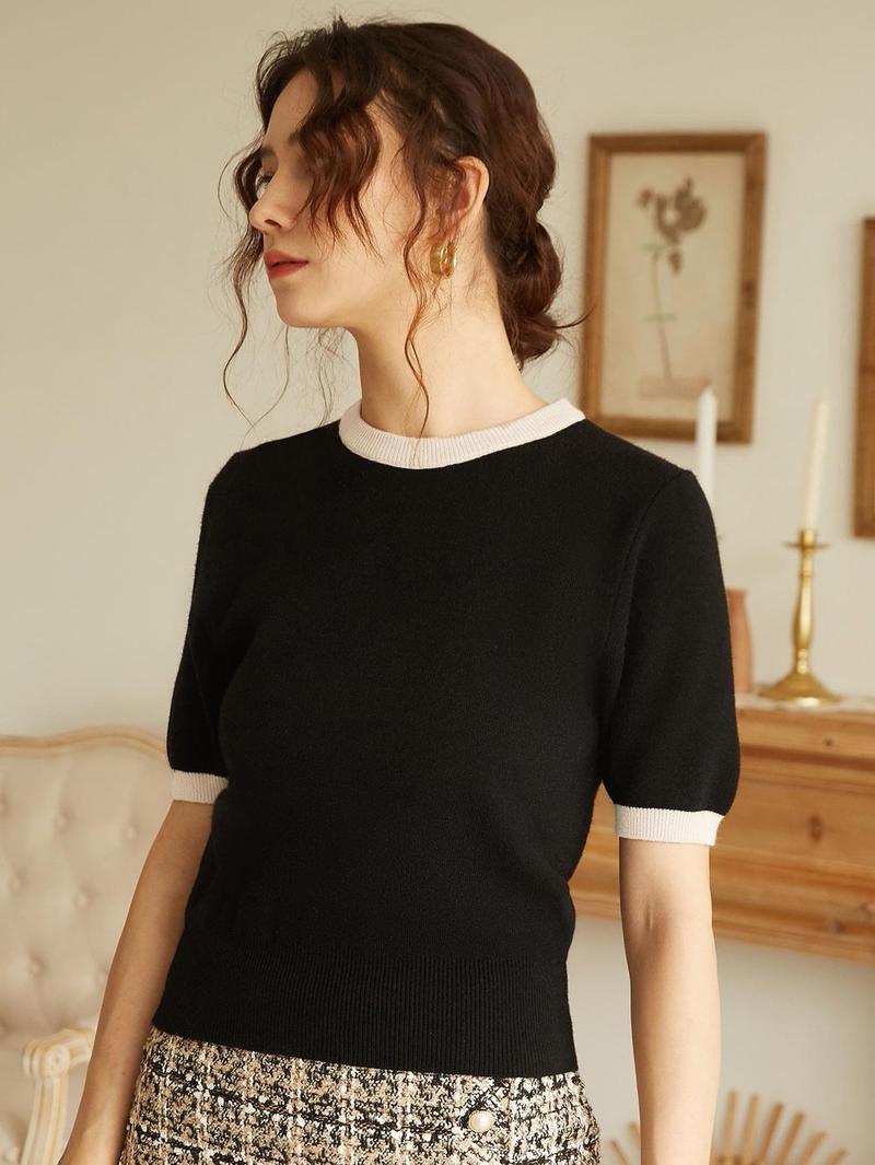 Women's French Knit Commuter Top, Colorblock Round Neck Short Sleeve Loose Fit T-Shirt, Casual Summer & Spring Fashion