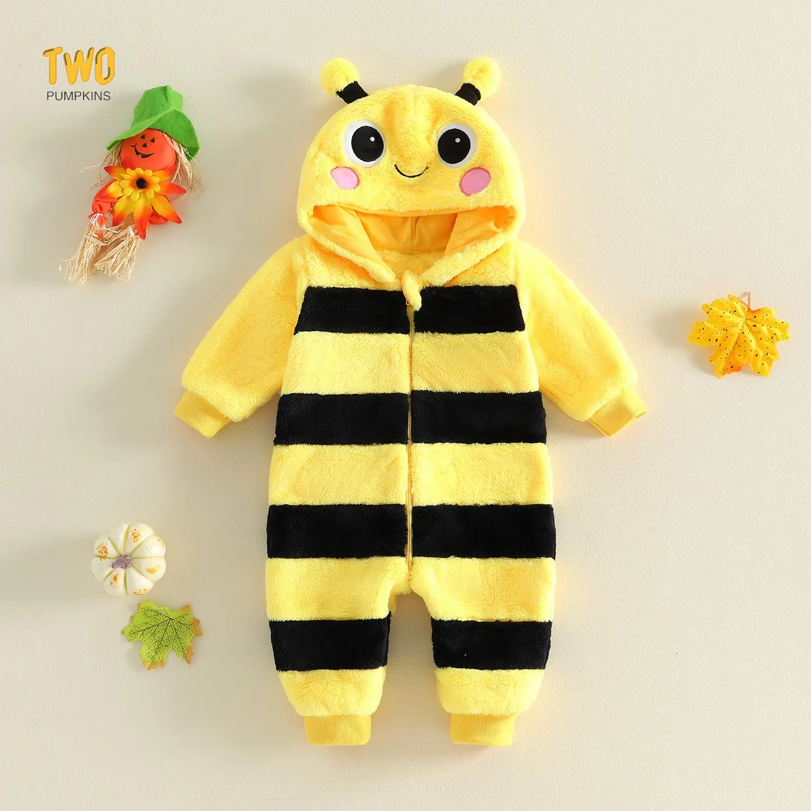 Baby Bee Costume Cute Bumble Bee Halloween Animal Costumes | Hood Soft Warm Fuzzy Long Sleeve Jumpsuit Romper For Newborn Infant Toddler Boys Girls Fall Winter Wear