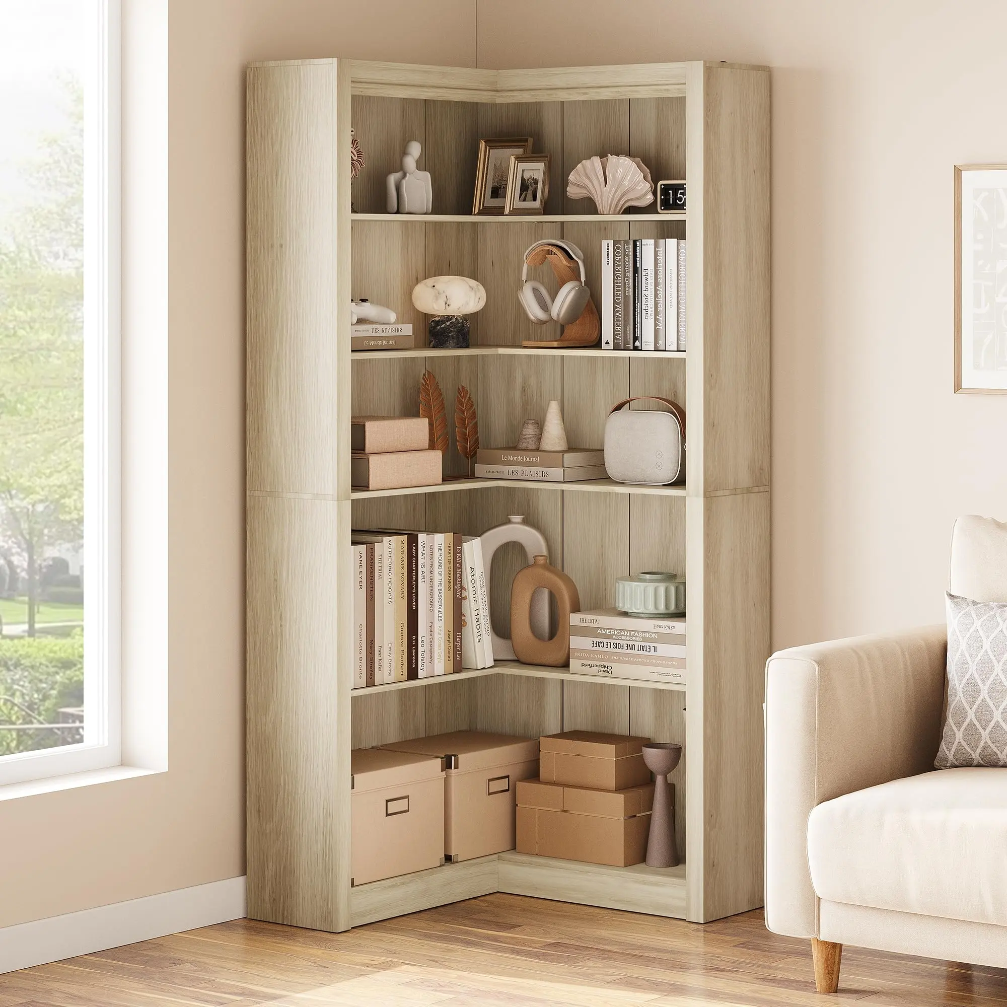 71.8" L-Shaped Corner Bookshelf – 5-Tier Heavy Duty Display Shelf with Storage