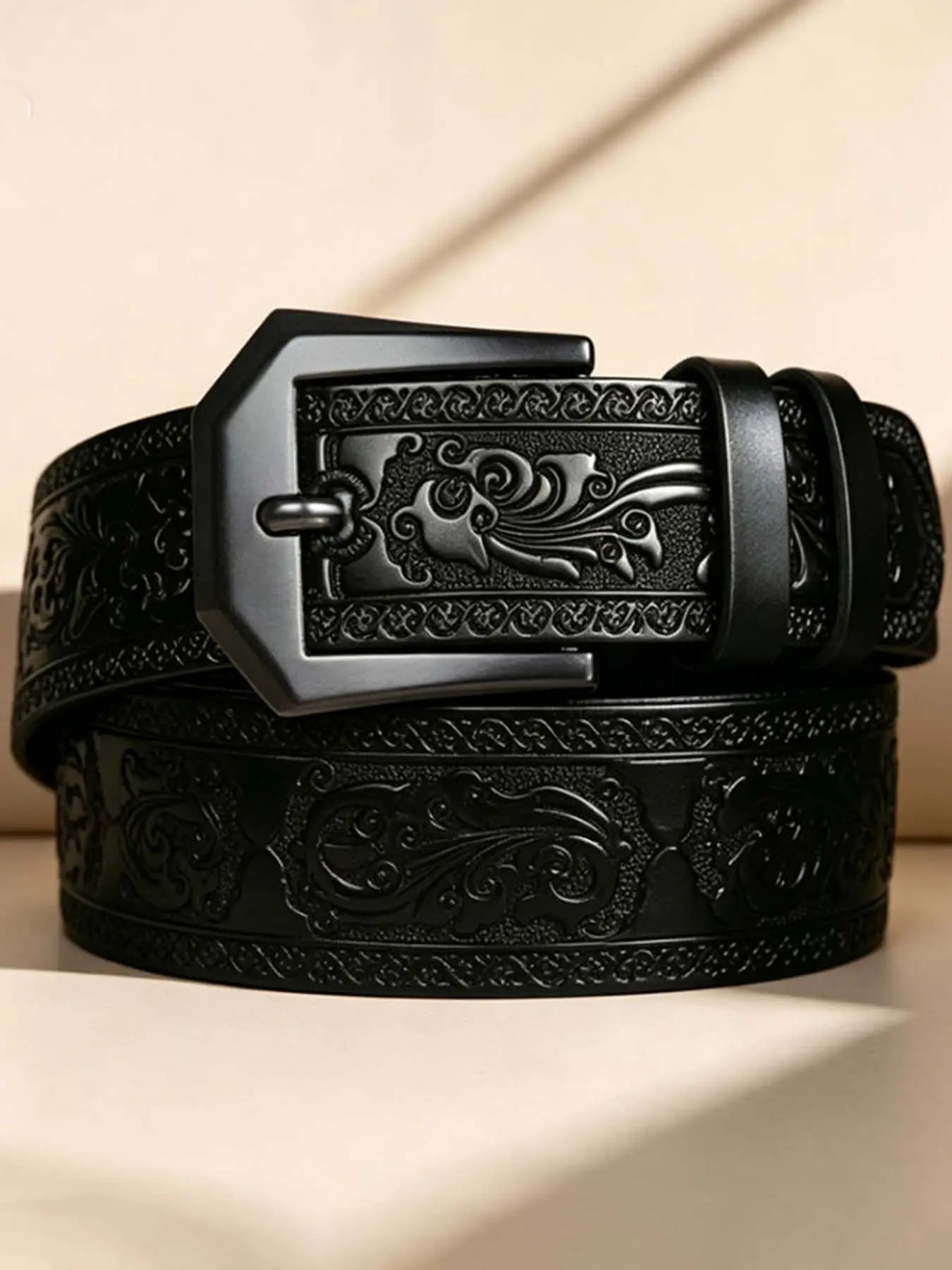Men's Luxury Embossed Belt, Vintage Style PU Leather Belt, Coffee Two-Tone Adjustable, Durable Metal Buckle, Fashion Accessory, Casual Style Belts, Belt with Buckle