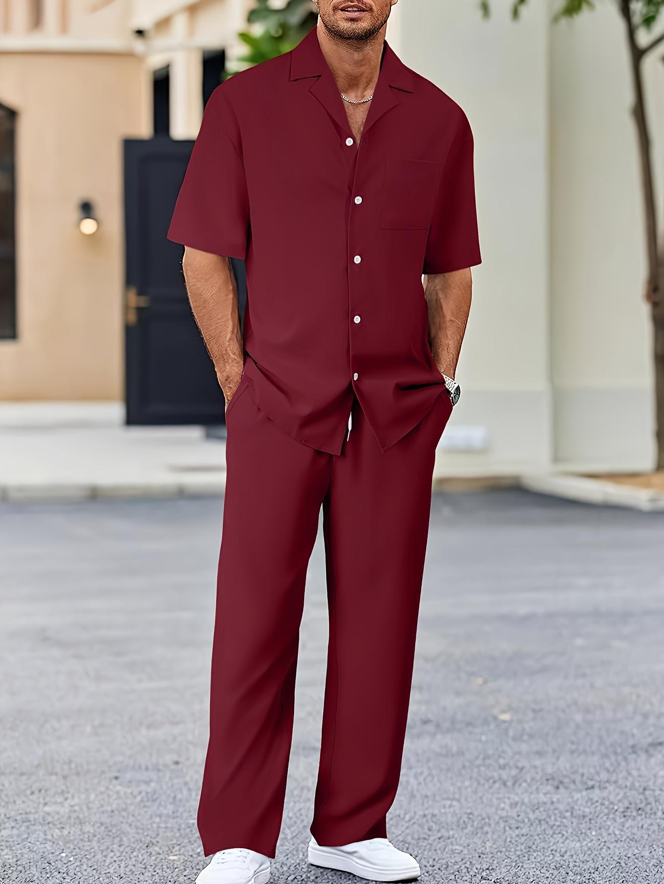 Men's Casual Set - Suit-Inspired Short Sleeve Shirt & Loose Straight Pants - Polyester, Machine Washable