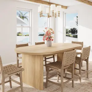 70.8 in Dining Table for 6-8 People, Modern Oval Kitchen Table with Wood Strip Base, for Kitchen, Living Room, Office, Restaurant, Multi-Use, Only Table