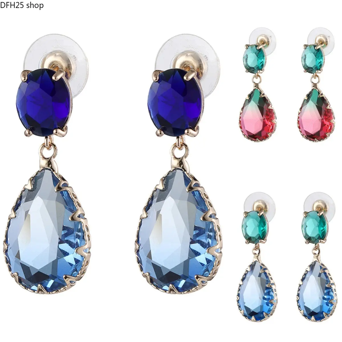 Water Drop Crystal Earrings for Women, Two Tone Glass Gemstone Dangle Earrings With Oval Stud Design, Elegant Fashion Jewelry Accessories for Parties, Weddings and Daily Wear