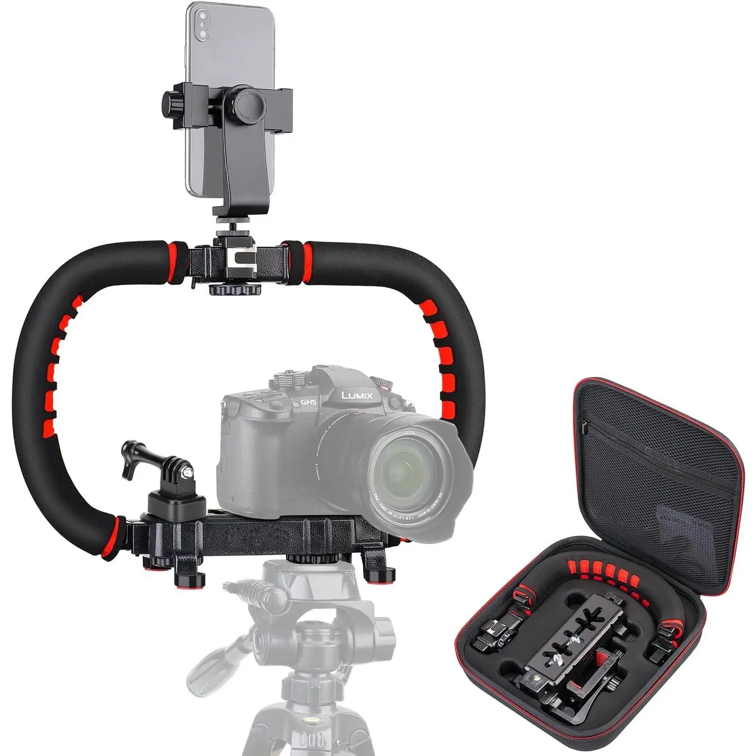 Handheld Video Stabilizer , Portable Camera Stabilizer Handle Grip with Cold Shoe Mounts, Phone Holder, Action Camera Adapter for Smartphone, DSLR Camera, Action Camera, Camcorder etc