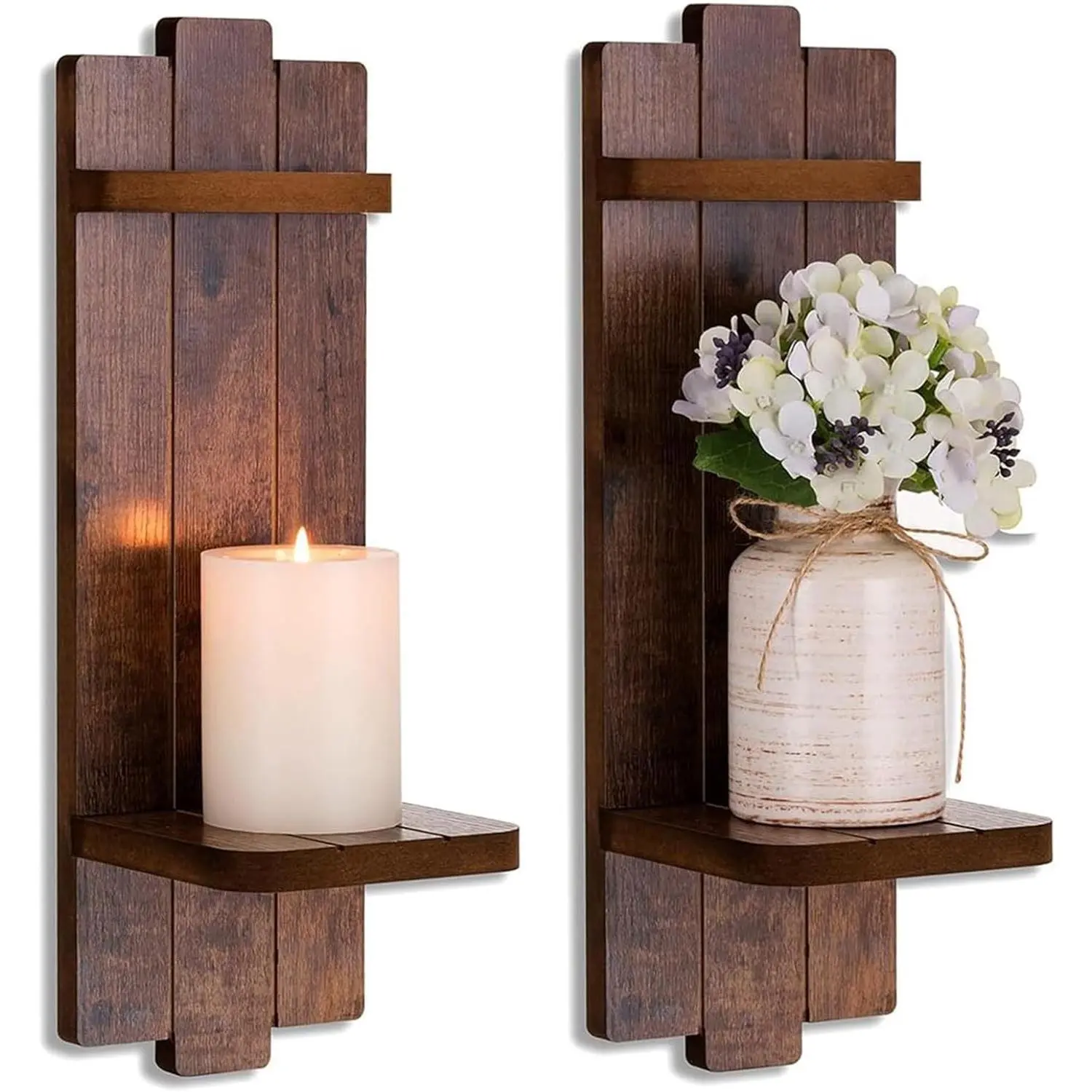 Wood Wall Candle Sconces Set of 2, Distressed Brown | Wall Mounted Candle Holder, Display Shelf for Pillar Candles, Plants or Small Items, Beside Fireplace or TV