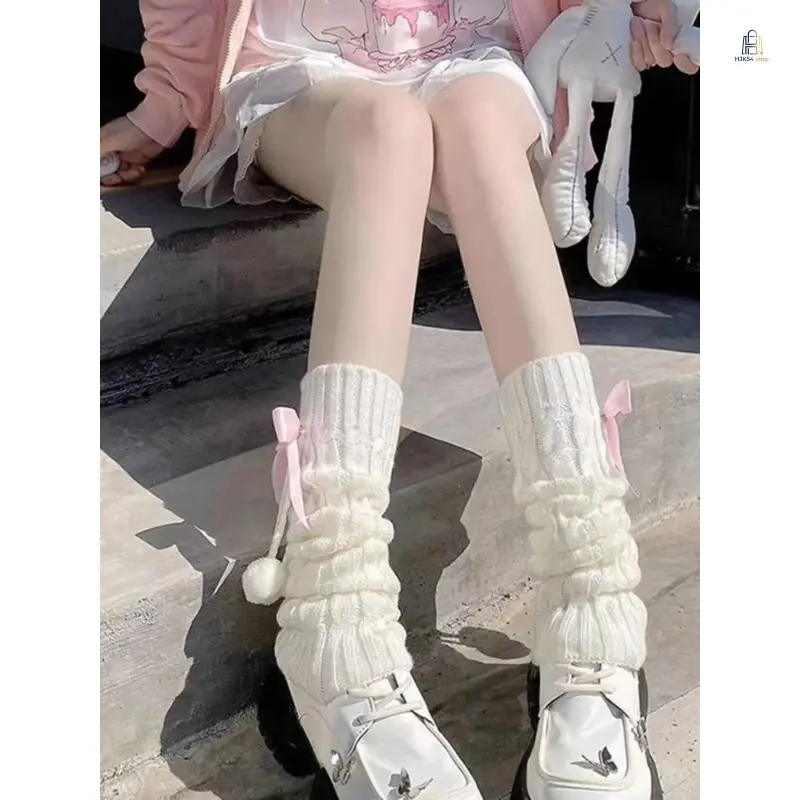 1 Pair Bowknot Knit Leg Warmers, Trendy Ball Chain Women Winter Leg Accessory, Soft Warm Stretchy Leg Cuffs, Versatile Cold Weather Decor for Daily Outfit Matching