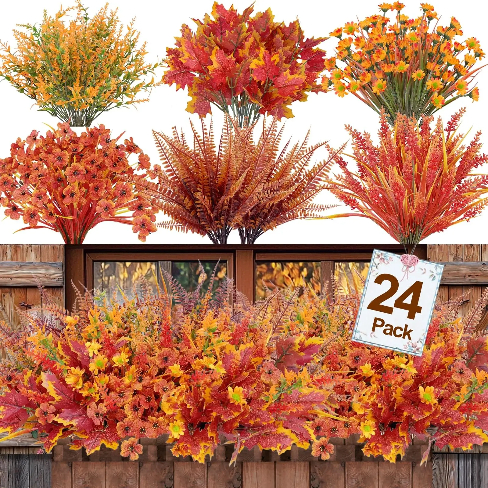 24 Bundles 6 Styles Artificial Fall Flowers, UV Resistant Fake Faux Flowers, Mums Maple Leaves Wheat Boston Fern Lavender, Outdoor Fall Decor