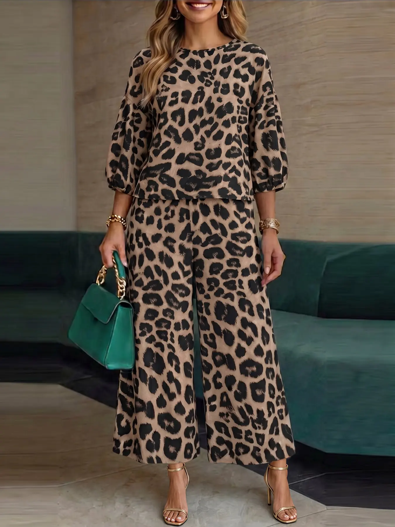 ZANZEA Women's Leopard Print Two-Piece Set, 3/4 Sleeve Loose-Fit Top, Elastic Waist Pants, Casual All-Season, Comfortable and Stylish