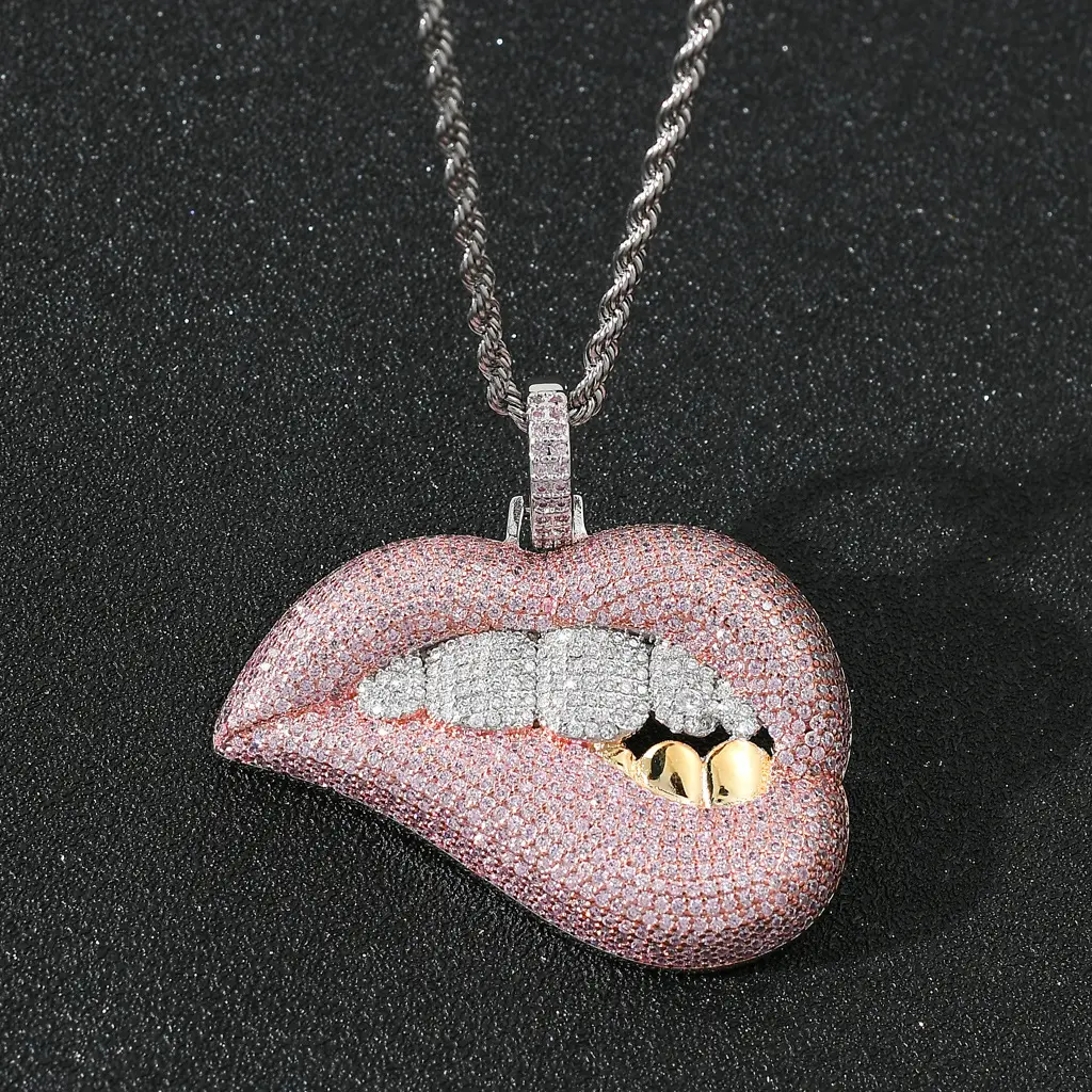 Hip hop hipster VVS pink lips gold teeth pendant exaggerated cool couple necklace