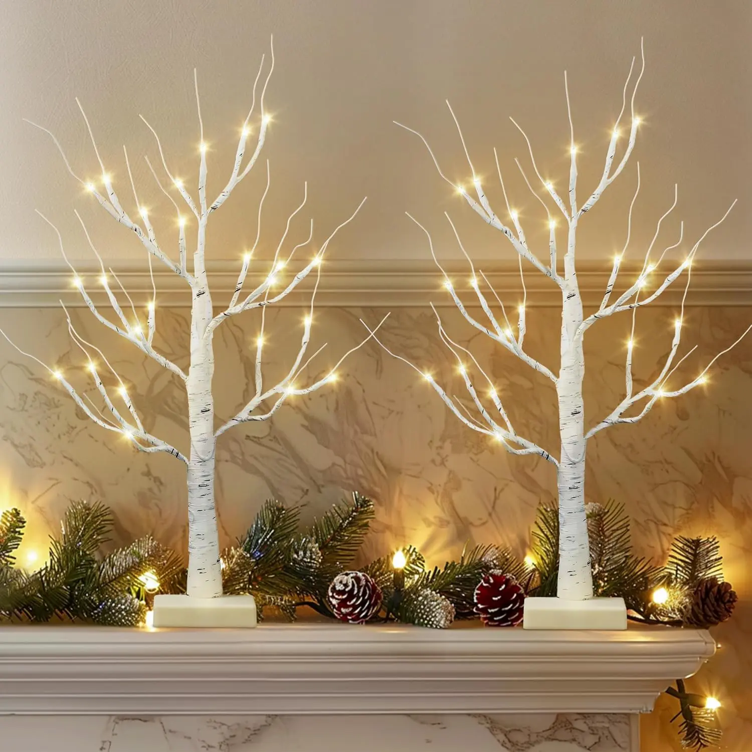 2pcs Birch Tree, Christmas Decorations Indoor, 2 Pack 2 FT Lighted Birch Tree with Led Lights, Christmas Tree Decorations,Table Top Decor for Home Hanging Ornament Halloween Decorations Indoor,Valentines,Battery/USB Operated