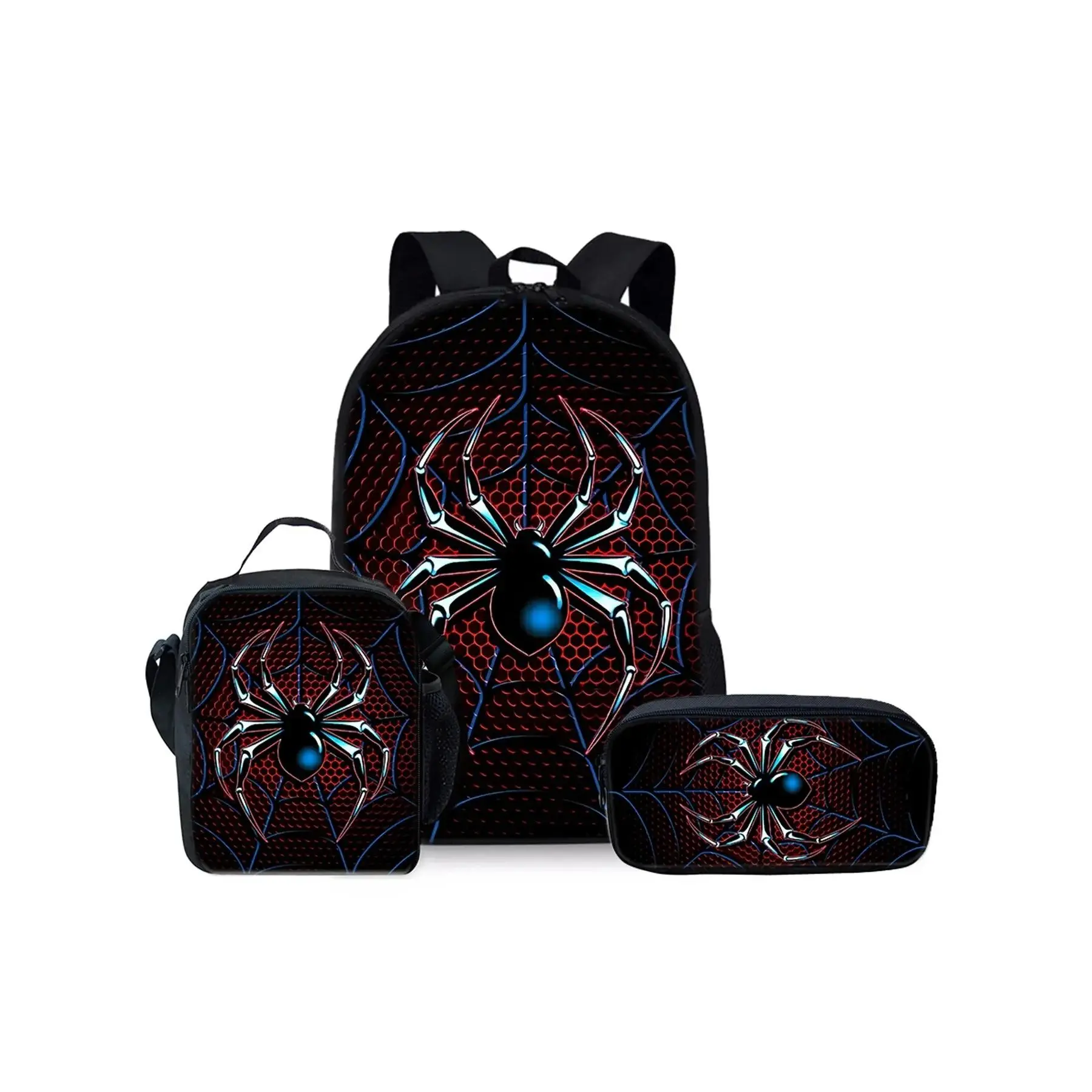 Spider pattern printed 17-inch Laptop Backpack Computer Bags three-piece set (single-layer backpack + shoulder strap lunch bag + single-layer pencil bag)