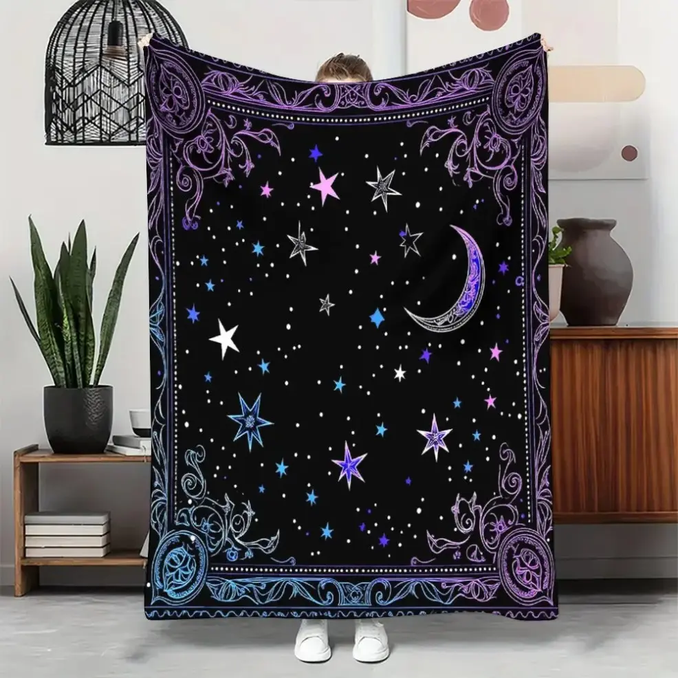 Starry Night Flannel Blanket, Baby Blankets and Adult Blankets, Dreamy Celestial Escape With Vintage Moon Star Art In Mixed Colors, Ultra Soft Cozy Throw Creates Enchanting Atmosphere For Moonlit Evenings And Cosmic Dreaming, All-season Comfort Warm Wrap