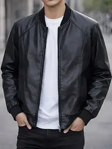 Men's Classic Baseball Neck PU Leather Jacket, Slim Fit Zipper Motorcycle Coat, Windproof Urban Street Style, Daily Driving, Dating, Weekend Outing