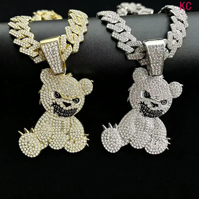 Rhinestone Iced Out Bear Pendant Necklace With Cuban Chain, Shiny Unisex Hip Hop Street Fashion Jewelry For Party Festival And Daily Dating Styling