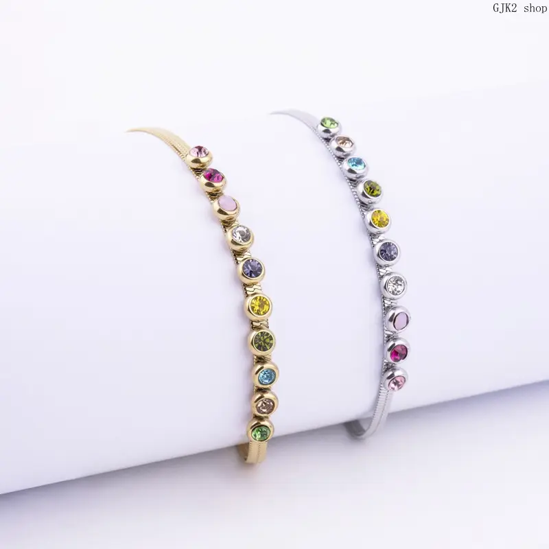 Herringbone Flat Chain Bracelet for Women with Rainbow Crystals, Gold Tone Stainless Steel, Adjustable Anti-tarnish for Party Wear