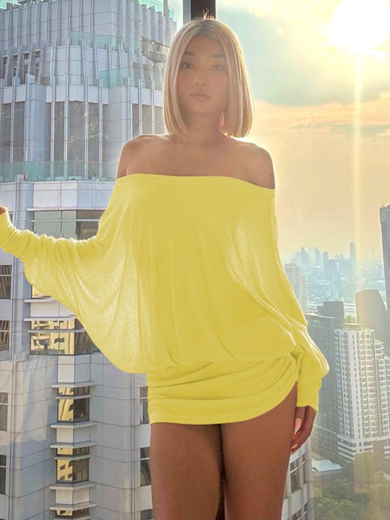 Women's Solid Off-The-Shoulder Long Sleeve Dress, Fashion Statement Casual Sheer Dress for Party Club Dating Wear, Women's Dress for Spring & Fall