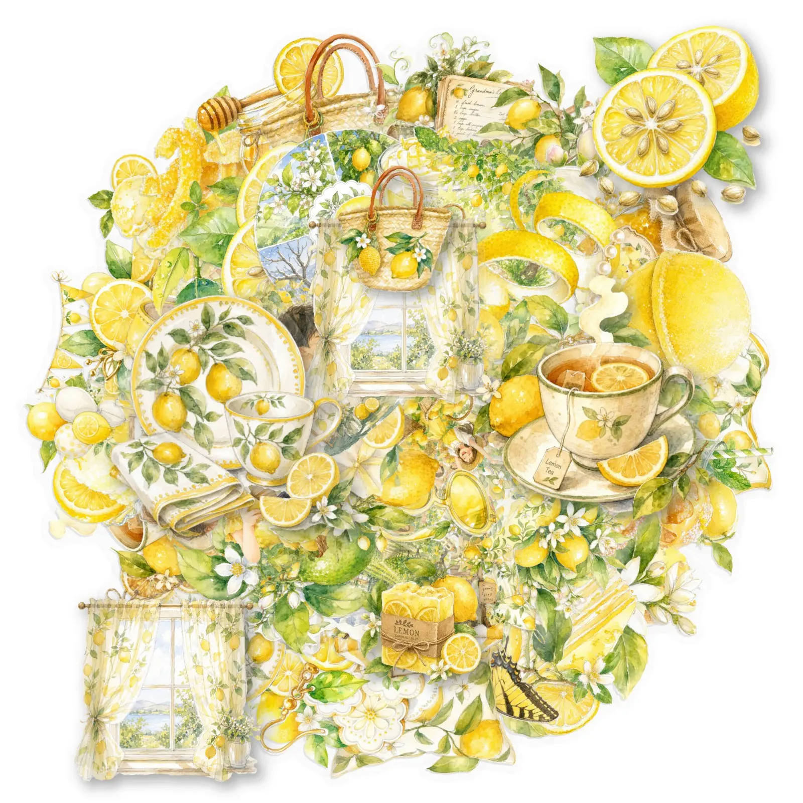 50PCS Watercolor Lemon Transparent PET Graffiti Stickers, Waterproof Decorative DIY Craft Creative Stickers for Luggage, Phone Cases, Laptops, Helmets and Skateboards