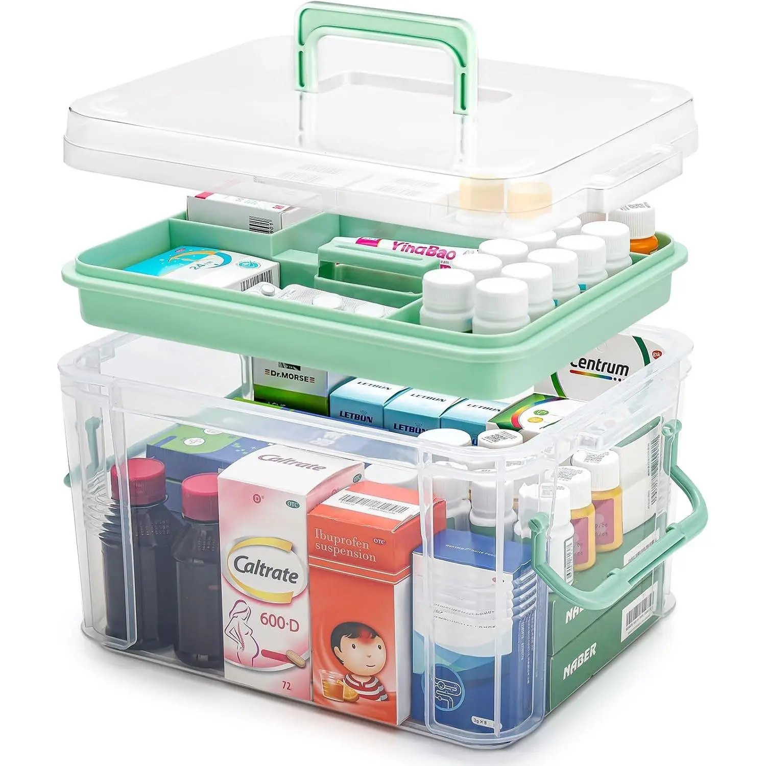 15QT Clear Medicine Organizer Storage Box with Handle & Tray, Thickened Plastic Empty First Aid Box, Multipurpose Medical Container with Lids & Labels, Medication Caddy for Home, Baby, Elderly, Dorm