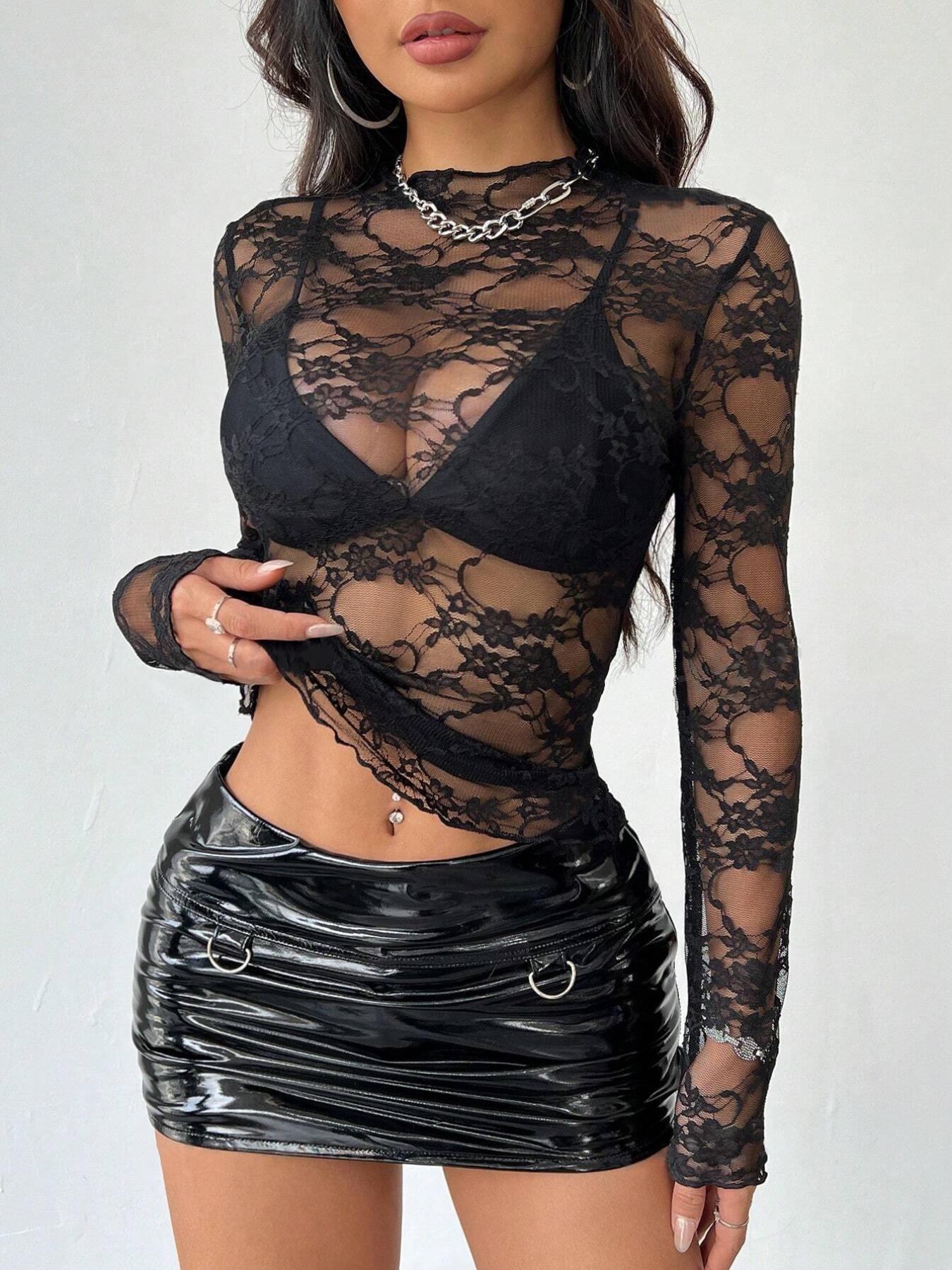 Women's Sheer Mock Neck Floral Lace Top, Fashion Long Sleeve Lettuce Trim Top for Daily Outdoor Wear, Ladies Clothes for All Seasons Womenswear