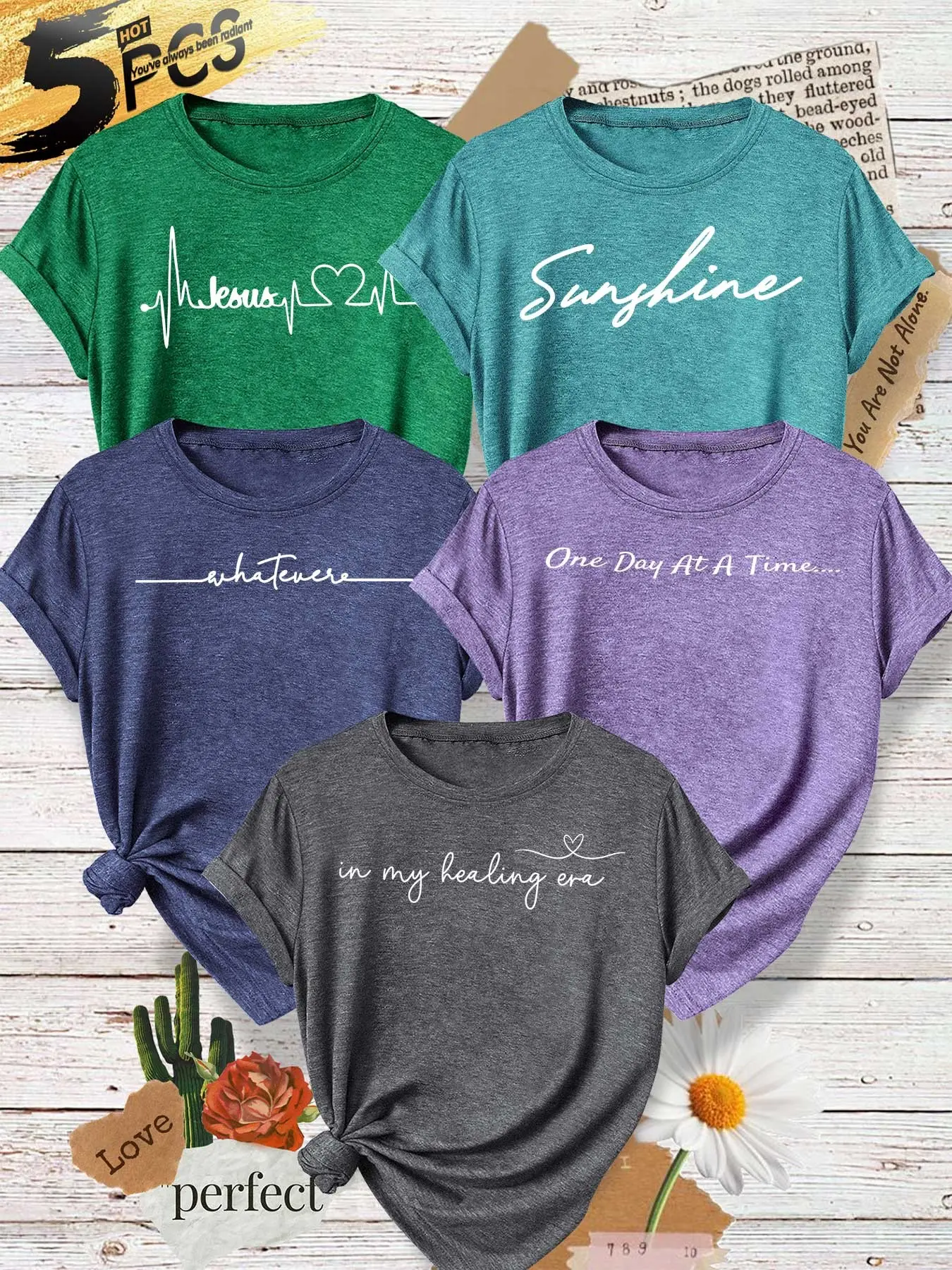 Five-Piece Women's Round Neck T-Shirts, Healing Handwritten English Quotes, Multi-Color, Soft Fabric, Casual Fashion