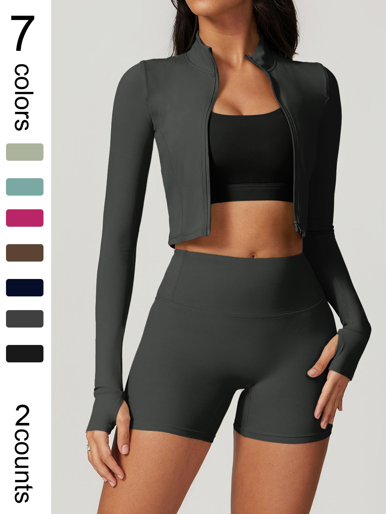 Women's high elastic soft standing neck zipper waist length shaping jacket high waist beautiful buttocks shorts yoga suit set Fitness Outfits Outdoor Running Cycling, Mountaineering Strolling Set Gym Sports Training Fashion Coat Shorts